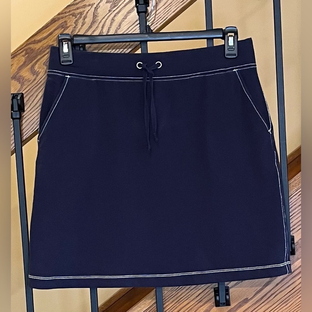 Lands End Skirt Contrast Stitch Cotton Blend drawstring Elastic Waist Navy SZ. S